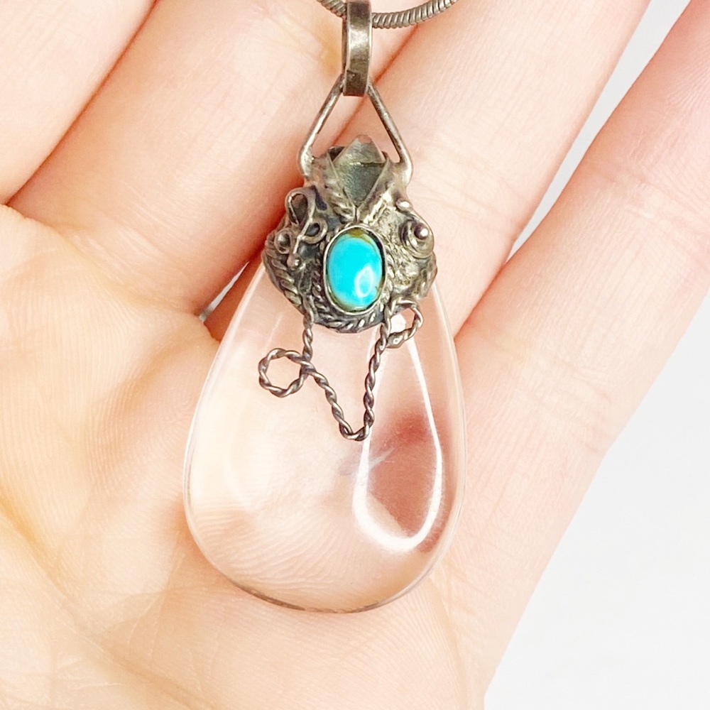 Vintage sterling silver turquoise quartz crystal drop pendant native style 18”